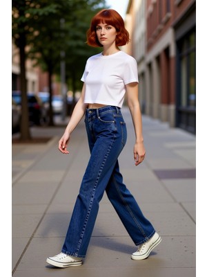 PayBuy Kadın Yüksek Bel Geniş Paça Denim Pantolon Fonksiyonel Dayanıklı Kaliteli Konforlu Estetik