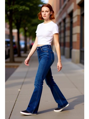 PayBuy Kadın Koyu Yüksek Bel Flare Denim Pantolon Fonksiyonel Dayanıklı Kaliteli Konforlu Estetik