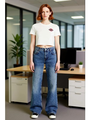 FRM Kadın Koyu Geniş Bacak Denim Pantolon Fonksiyonel Dayanıklı Kaliteli Konforlu Estetik Spor