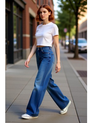 PayBuy Kadın Geniş Paça Yüksek Bel Denim Pantolon Fonksiyonel Dayanıklı Kaliteli Konforlu Estetik