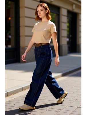 PayBuy Kadın Koyu Dikiş Detaylı Yüksek Bel Geniş Paça Jean Pantolon Fonksiyonel Dayanıklı Estetik