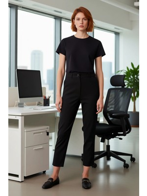 FRM Kadın Düz Dokuma Kumaş Cigarette Pantolon Fonksiyonel Dayanıklı Kaliteli Konforlu Estetik Şık