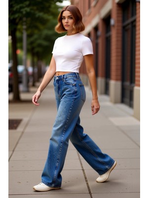 PayBuy Kadın Yüksek Bel Geniş Paça Denim Pantolon Fonksiyonel Dayanıklı Kaliteli Konforlu Estetik