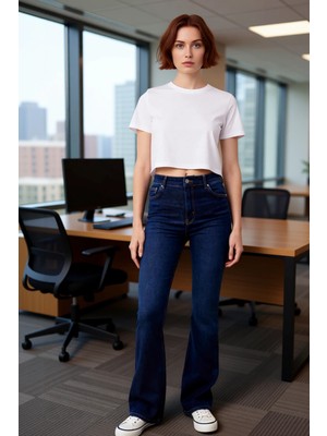 FRM Kadın Yüksek Bel Flare Paça Denim Pantolon Fonksiyonel Dayanıklı Kaliteli Konforlu Estetik