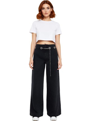 Ersefa Kadın Geniş Paça Denim Pantolon Zincir Detaylı Yüksek Bel Fonksiyonel Dayanıklı Kaliteli Şık