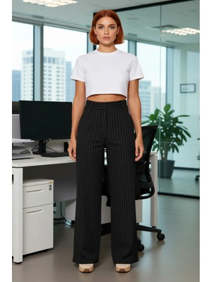 FRM Kadın Çizgili Yüksek Bel Palazzo Pantolon Fonksiyonel Dayanıklı Kaliteli Konforlu Estetik Şık