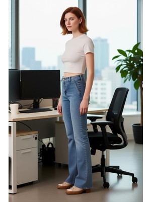 FRM Kadın Yüksek Bel Yırtmaçlı Flare Denim Pantolon Fonksiyonel Dayanıklı Kaliteli Konforlu Şık