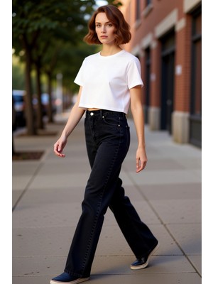 PayBuy Kadın Yüksek Bel Geniş Paça Denim Pantolon Fonksiyonel Dayanıklı Kaliteli Konforlu Estetik