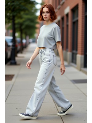 PayBuy Kadın Geniş Paça Yüksek Bel Denim Pantolon Fonksiyonel Dayanıklı Kaliteli Konforlu Estetik