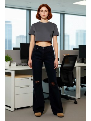 FRM Kadın Yırtıklı Wide Leg Jean Pantolon Fonksiyonel Dayanıklı Kaliteli Konforlu Estetik Spor