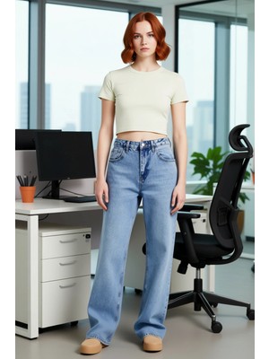 FRM Kadın Yüksek Bel Bol Paça Jean Fonksiyonel Dayanıklı Kaliteli Konforlu Estetik Premium Şık