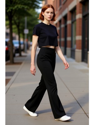 PayBuy Kadın Geniş Paça Esnek Örme Pantolon Fonksiyonel Dayanıklı Kaliteli Konforlu Estetik Rahat