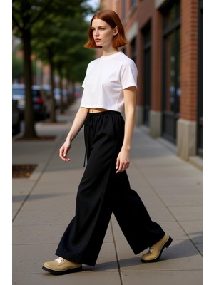 PayBuy Kadın Poplin Geniş Paça Pantolon Yüksek Bel Fonksiyonel Dayanıklı Kaliteli Konforlu Modern