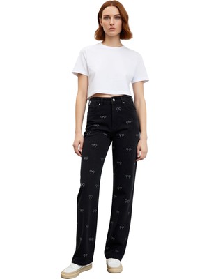 Ersefa Kadın Fiyonk Nakışlı Wide Leg Jean Pantolon Fonksiyonel Dayanıklı Kaliteli Konforlu Modern