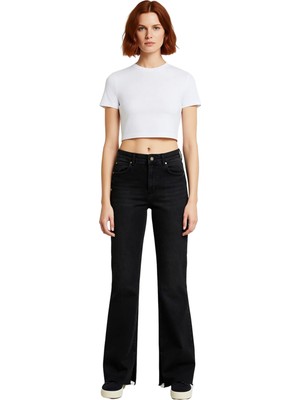 Ersefa Kadın Yüksek Bel Flare Jean Ispanyol Paça Yırtmaçlı Fonksiyonel Dayanıklı Kaliteli Estetik