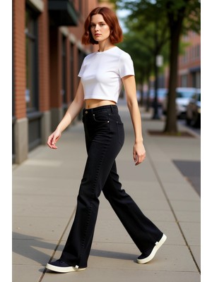 PayBuy Kadın Yüksek Bel Flare Ispanyol Paça Jeans Yırtmaç Detaylı Fonksiyonel Dayanıklı Kaliteli Şık
