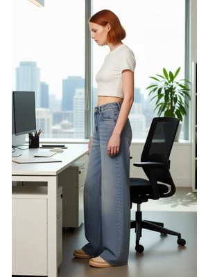 FRM Kadın Wide Leg Kesimli Yüksek Bel Denim Pantolon Fonksiyonel Dayanıklı Kaliteli Konforlu Şık