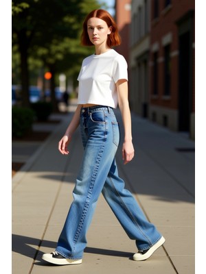 PayBuy Kadın Yüksek Bel Geniş Paça Denim Pantolon Fonksiyonel Dayanıklı Kaliteli Konforlu Estetik