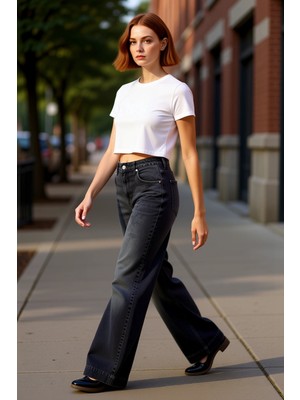 PayBuy Kadın Antrasit Yüksek Bel Geniş Paça Denim Pantolon Fonksiyonel Dayanıklı Kaliteli Estetik