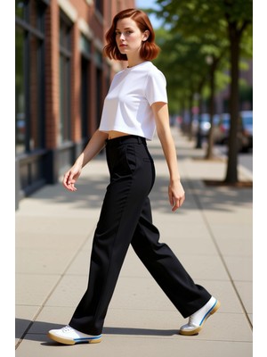 PayBuy Kadın Yüksek Bel Düz Kesim Nervür Detaylı Dokuma Pantolon Fonksiyonel Dayanıklı Kaliteli Şık