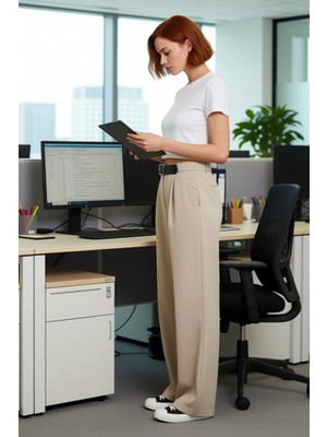 FRM Kadın Düz Kesim Kemerli Yüksek Bel Koyu Pantolon Fonksiyonel Dayanıklı Kaliteli Konforlu Şık