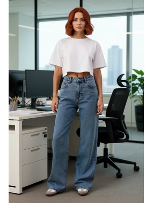 FRM Kadın Yüksek Bel Bol Paça Denim Pantolon Fonksiyonel Dayanıklı Kaliteli Konforlu Estetik Şık