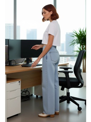 FRM Kadın Açık Wide Leg Jean Pantolon Yüksek Bel Fonksiyonel Dayanıklı Kaliteli Konforlu Rahat