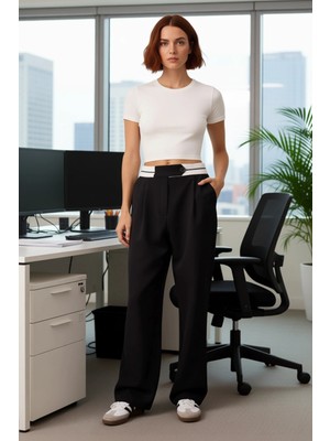 FRM Kadın Yüksek Bel Geniş Paça Kumaş Pantolon Fonksiyonel Dayanıklı Kaliteli Konforlu Estetik