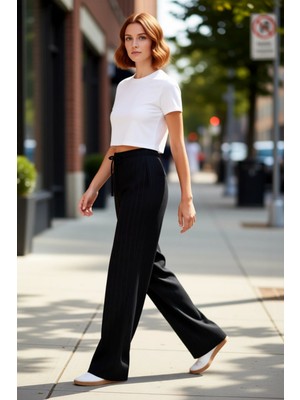 PayBuy Kadın Çizgili Yüksek Bel Esnek Pantolon Fonksiyonel Dayanıklı Kaliteli Konforlu Estetik Şık