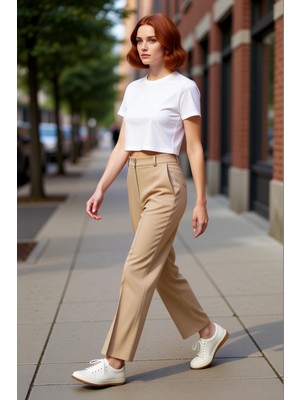 PayBuy Kadın Yüksek Bel Düz Kesim Nervür Detaylı Dokuma Pantolon Fonksiyonel Dayanıklı Kaliteli Şık