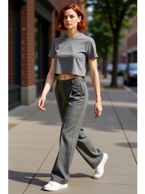 PayBuy Kadın Ekose Desenli Geniş Paça Dokuma Pantolon Fonksiyonel Dayanıklı Kaliteli Konforlu Şık