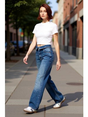 PayBuy Kadın Geniş Paça Kemer Detaylı Yüksek Bel Kot Pantolon Fonksiyonel Dayanıklı Kaliteli Spor