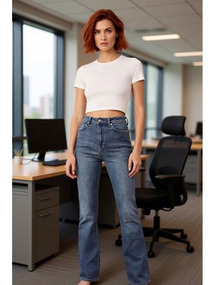 FRM Kadın Flare Kesim Yüksek Bel Koyu Denim Pantolon Fonksiyonel Dayanıklı Kaliteli Konforlu Şık