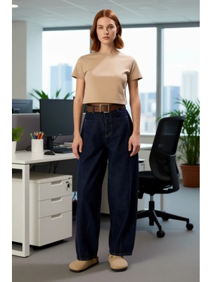 FRM Kadın Koyu Yüksek Bel Geniş Paça Denim Pantolon Fonksiyonel Dayanıklı Kaliteli Konforlu Şık