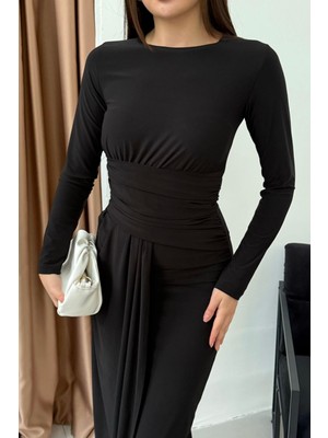 Mezka Kadın Drapeli Uzun Kollu Ön Parça Detaylı Büzgülü Elbise