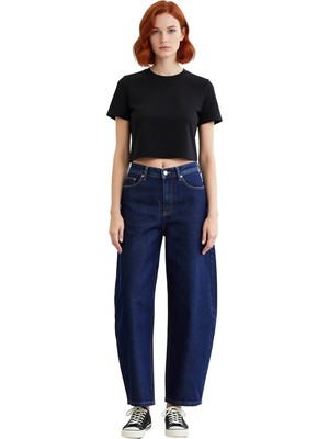 Ersefa Kadın Yüksek Bel Geniş Paça Denim Pantolon Koyu Fonksiyonel Dayanıklı Kaliteli Konforlu Şık