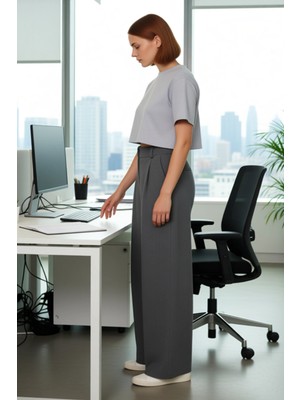 FRM Kadın Antrasit Dokuma Kumaş Palazzo Pantolon Fonksiyonel Dayanıklı Kaliteli Konforlu Rahat