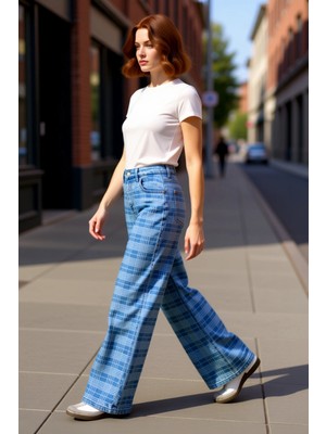 PayBuy Kadın Ekose Desenli Geniş Paça Denim Pantolon Normal Bel Fonksiyonel Dayanıklı Kaliteli Şık