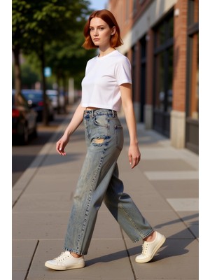 PayBuy Kadın Vintage Efekt Geniş Paça Jean Pantolon Fonksiyonel Dayanıklı Kaliteli Konforlu Rahat