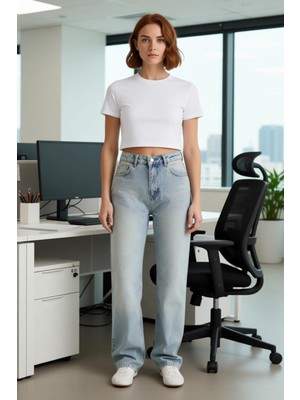 FRM Kadın Açık Yüksek Bel Düz Bacak Denim Pantolon Fonksiyonel Dayanıklı Kaliteli Konforlu Şık