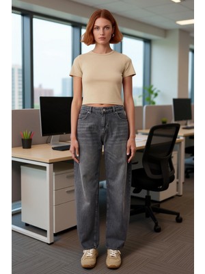 FRM Kadın Antrasit Geniş Paça Düşük Bel Denim Pantolon Fonksiyonel Dayanıklı Kaliteli Konforlu