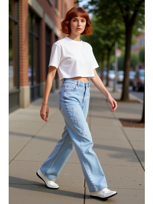 PayBuy Kadın Açık Çiçek Nakışlı Wide Leg Jean Pantolon Fonksiyonel Dayanıklı Kaliteli Konforlu Şık