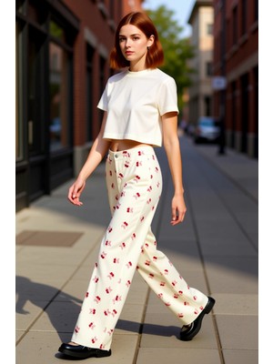 PayBuy Kadın Kiraz Desenli Yüksek Bel Geniş Paça Kot Pantolon Fonksiyonel Dayanıklı Kaliteli Spor