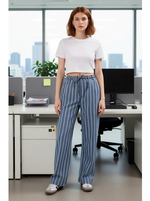 FRM Kadın Yüksek Bel Çizgili Bol Paça Pantolon Fonksiyonel Dayanıklı Kaliteli Konforlu Estetik