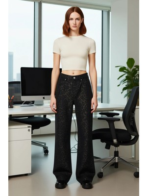 FRM Kadın Leopar Desenli Yüksek Bel Palazzo Jean Pantolon Fonksiyonel Dayanıklı Kaliteli Rahat