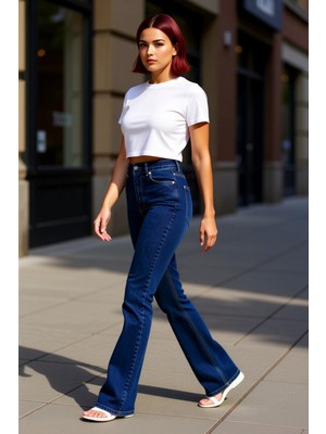 PayBuy Kadın Koyu Yüksek Bel Flare Denim Pantolon Fonksiyonel Dayanıklı Kaliteli Konforlu Estetik