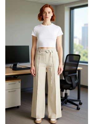 FRM Kadın Gabardin Wide Leg Pantolon Kemer Detaylı Fonksiyonel Dayanıklı Kaliteli Konforlu Şık
