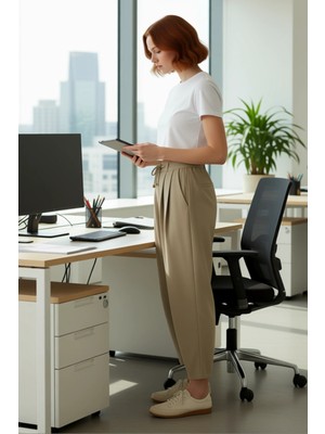 FRM Kadın Haki Yüksek Bel Dar Paça Bağcıklı Pantolon Fonksiyonel Dayanıklı Kaliteli Konforlu Şık