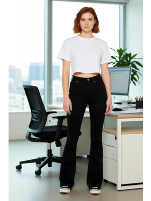 FRM Kadın Comfort Esnek Yüksek Bel Ispanyol Paça Jean Fonksiyonel Dayanıklı Kaliteli Konforlu Şık