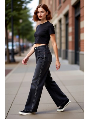 PayBuy Kadın Aksesuar Detaylı Wide Leg Denim Pantolon Fonksiyonel Dayanıklı Kaliteli Konforlu Şık